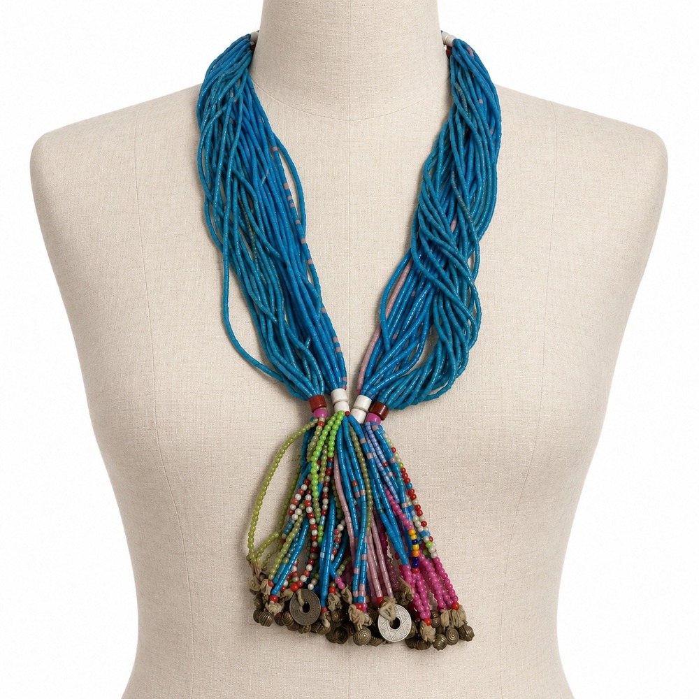 Vintage West African Glass Bead Multi Strand Necklace Blue Coin Bell Statement